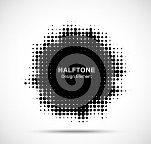 Grunge halftone frame. Circle dots background. Spotted abstract texture. Grungy half tone spot. Logo element. Vector