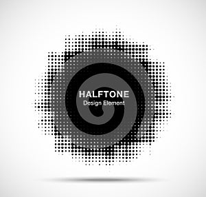 Grunge halftone frame. Circle dots background. Spotted abstract texture. Grungy half tone spot. Logo element. Vector