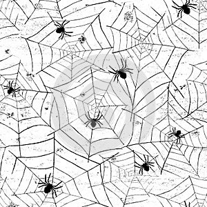 Grunge halloween abstract watercolor seamless pattern background with webs and spiders