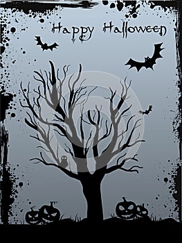 Grunge Halloween background with tree and bats