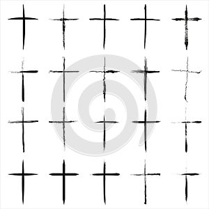 Grunge hand drawn cross symbols set. Christian crosses, religious signs icons, crucifix symbol