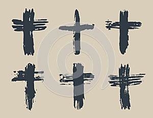 Grunge hand drawn cross symbols set. Christian crosses, religious signs icons, crucifix symbol vector illustration.