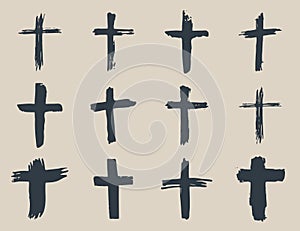 Grunge hand drawn cross symbols set. Christian crosses, religious signs icons, crucifix symbol vector illustration.