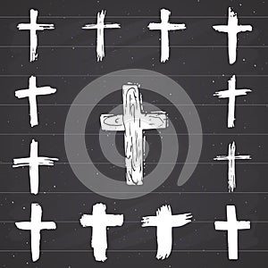 Grunge hand drawn cross symbols set. Christian crosses, religious signs icons, crucifix symbol vector illustration