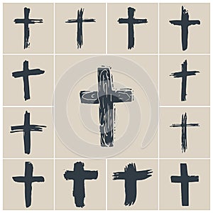 Grunge hand drawn cross symbols set. Christian crosses, religious signs icons, crucifix symbol vector illustration.