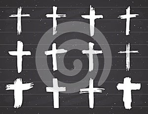 Grunge hand drawn cross symbols set. Christian crosses, religious signs icons, crucifix symbol vector illustration