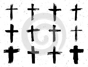 Grunge hand drawn cross symbols set. Christian crosses, religious signs icons, crucifix symbol vector illustration isplated on whi