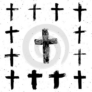 Grunge hand drawn cross symbols set. Christian crosses, religious signs icons