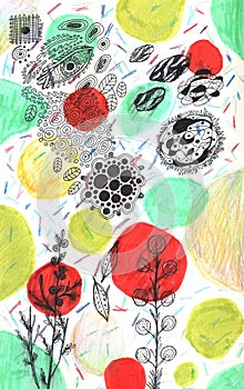 Grunge hand drawn floral texture. Flowers and color dots. Ink and marker drawings for background design. Raster illustration