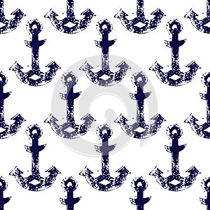 Grunge hand printed anchors in navy blue and white seamless pattern, vector