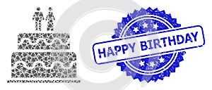 Grunge Happy Birthday Stamp and Recursive Marriage Cake Icon Composition