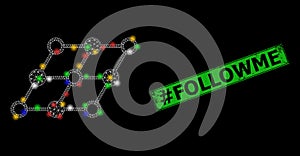 Grunge hashtag Followme Badge with Mesh Inclined Grid Glare Icon with Multicolored Glare Spots photo