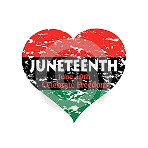 Grunge heart with Juneteenth flag inside.  Freedom Day, Jubilee Day, Liberation Day, Emancipation Day