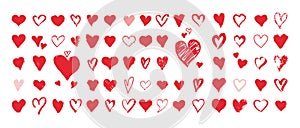 Grunge hearts. Design elements for valentine day. Hand drawn red heart. Vector illustration isolated on white background