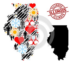 Grunge Illinois Seal and Heart Customers Vaccine Collage Map of Illinois State