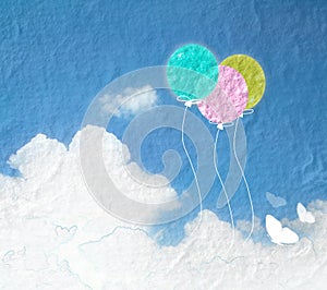 Grunge image of blue sky with clouds and colorful.Colorful balloons banner background.