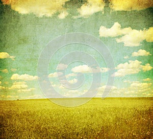 Grunge image of green field and blue sky