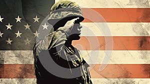 Grunge-Inspired Illustration: Soldier Saluting Fallen Comrade & Distressed American Flag