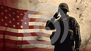 Grunge-Inspired Illustration: Soldier Saluting Fallen Comrade & Distressed American Flag