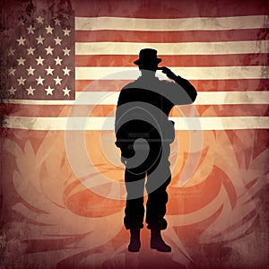 Grunge-Inspired Illustration: Soldier Saluting Fallen Comrade & Distressed American Flag