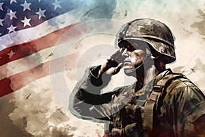 Grunge-Inspired Illustration: Soldier Saluting Fallen Comrade & Distressed American Flag