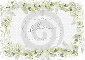 Grunge invitation card frame of lilies on a light blue background