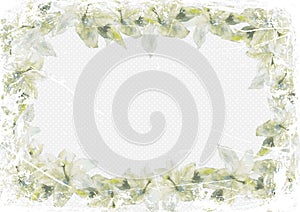 Grunge invitation postcard frame of lilies on a light blue background