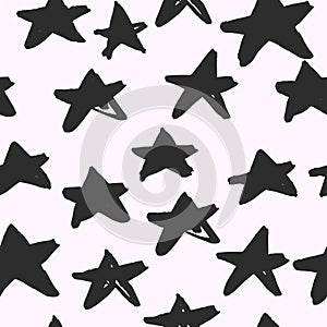 Grunge isolated star silhouettes seamless pattern. Black geometric forms on white background