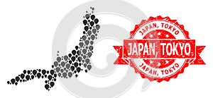 Grunge Japan, Tokyo Stamp Seal and Marker Mosaic Map of Honshu Island
