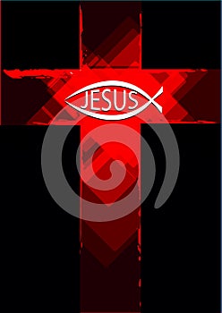 Grunge Jesus symbol on a cross and christian fish logo