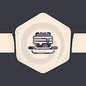 Grunge Junk food icon isolated on grey background. Prohibited hot dog. No Fast food sign. Monochrome vintage drawing