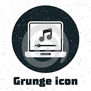 Grunge Laptop with music note symbol on screen icon isolated on white background. Monochrome vintage drawing. Vector