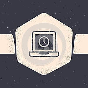 Grunge Laptop time icon isolated on grey background. Computer notebook with empty screen sign. Monochrome vintage