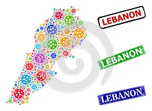 Grunge Lebanon Seals and Colorful Covid-2019 Lebanon Map Mosaic