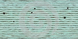 Grunge light turquoise scratched horizontal wood boards background with dark knot