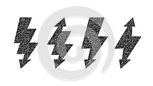 Grunge lightning bolt set. Black noise texture thunderbolt collection. Stipple flash symbols. Dotted grain lightning