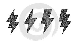 Grunge lightning bolt set. Black noise texture thunderbolt collection. Stipple flash symbols. Dotted grain lightning