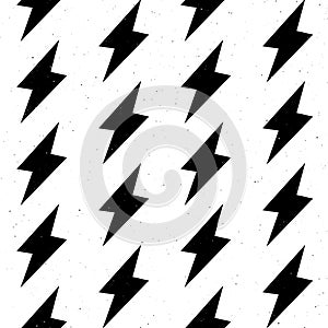 Grunge lightning bolts seamless pattern. Black thunderbolts repeating background. Textured storm and lightning strikes