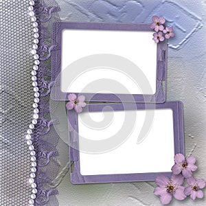 Grunge lilac frame for photo with pearls and lace