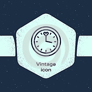 Grunge line Clock icon isolated on blue background. Time symbol. Monochrome vintage drawing. Vector