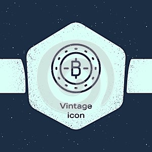 Grunge line Cryptocurrency coin Bitcoin icon isolated on blue background. Physical bit coin. Blockchain based secure