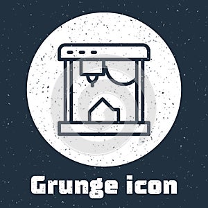 Grunge line 3D printer icon isolated on grey background. Monochrome vintage drawing. Vector