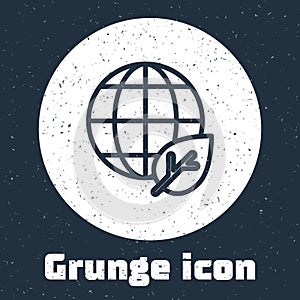 Grunge line Earth globe and leaf icon isolated on grey background. World or Earth sign. Geometric shapes. Environmental