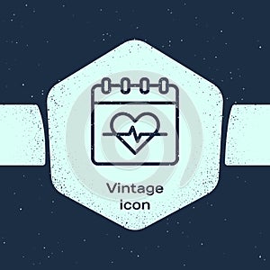Grunge line Heart rate icon isolated on blue background. Heartbeat sign. Heart pulse icon. Cardiogram icon. Monochrome vintage