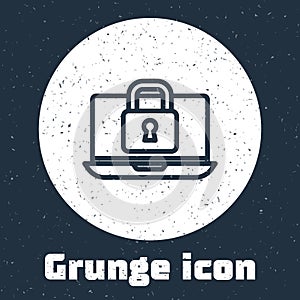 Grunge line Laptop and lock icon isolated on grey background. Computer and padlock. Security, safety, protection concept