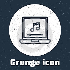 Grunge line Laptop with music note symbol on screen icon isolated on grey background. Monochrome vintage drawing. Vector