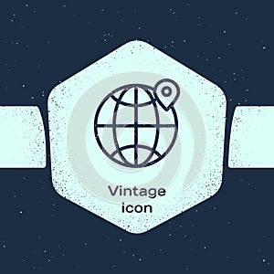 Grunge line Location on the globe icon isolated on blue background. World or Earth sign. Monochrome vintage drawing