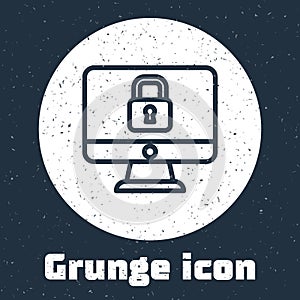 Grunge line Lock on computer monitor screen icon isolated on grey background. Security, safety, protection concept. Safe