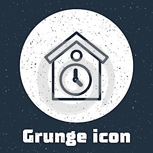 Grunge line Retro wall watch icon isolated on grey background. Cuckoo clock sign. Antique pendulum clock. Monochrome