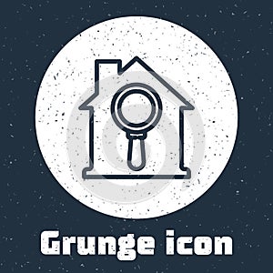 Grunge line Search house icon isolated on grey background. Real estate symbol of a house under magnifying glass